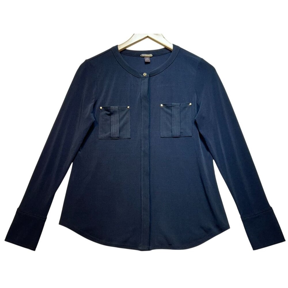 Dana Buchman Women's Button Down Shirt Long Sleeve Size M Navy Pockets Stretch